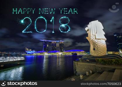 2018 Happy new year firework Sparkle with Merlion park in Singapore city at night