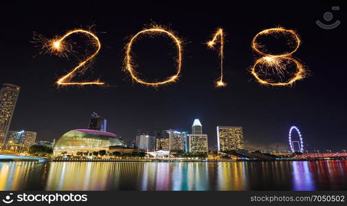 2018 Happy new year firework Sparkle with Singapore cityscape at night