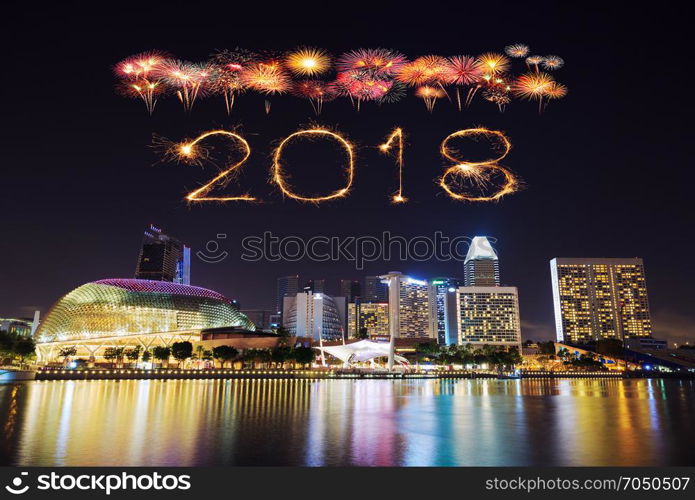 2018 Happy new year firework Sparkle with Singapore cityscape at night