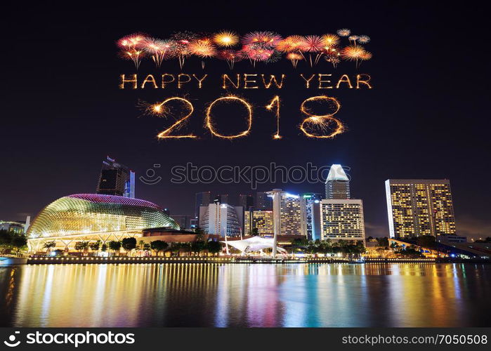 2018 Happy new year firework Sparkle with Singapore cityscape at night