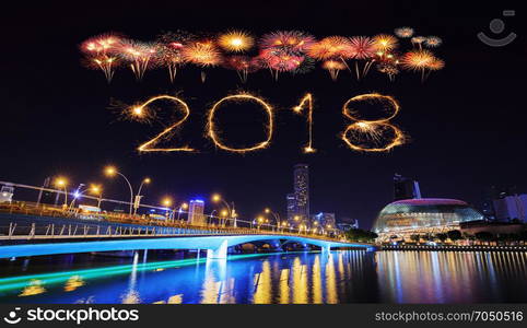 2018 Happy new year firework Sparkle with Singapore cityscape at night