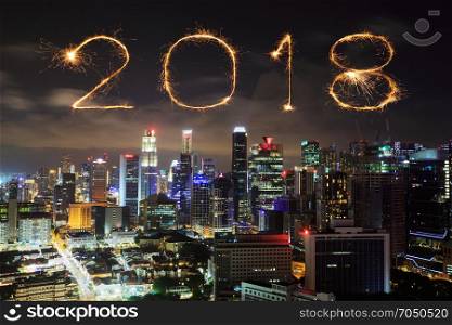 2018 Happy new year firework Sparkle with Singapore cityscape at night