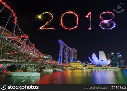 2018 Happy new year firework Sparkle with the Helix Bridge at night, urban landscape of Singapore