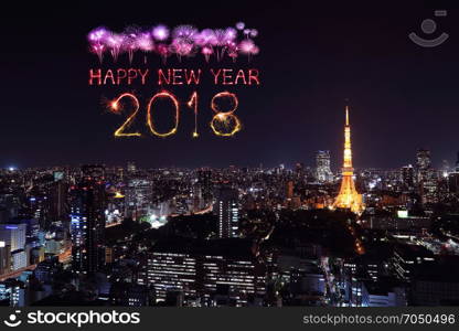 2018 Happy new year firework Sparkle with Tokyo cityscape at night, Japan