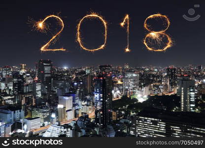 2018 Happy new year firework Sparkle with Tokyo cityscape at night, Japan