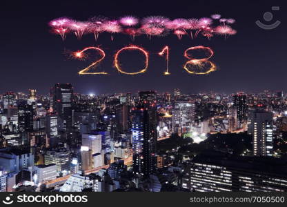 2018 Happy new year firework Sparkle with Tokyo cityscape at night, Japan