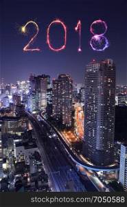 2018 Happy new year firework Sparkle with Tokyo cityscape at night, Japan