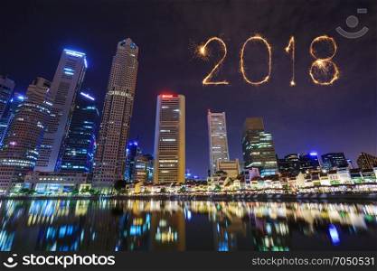 2018 Happy new year firework Sparkle with urban cityscape view of Singapore city