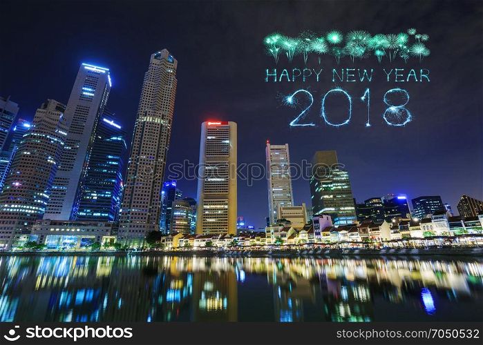 2018 Happy new year firework Sparkle with urban cityscape view of Singapore city