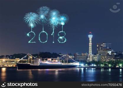 2018 Happy new year firework Sparkle with Yokohama cityscape at night, Japan