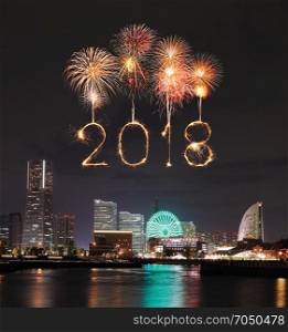 2018 Happy new year firework Sparkle with Yokohama cityscape at night, Japan