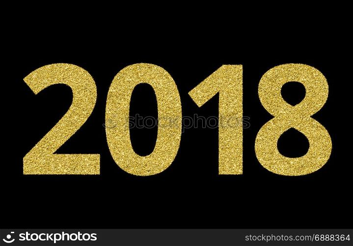 2018 of gold glitter on black background, symbol of New Year for your greeting card design.