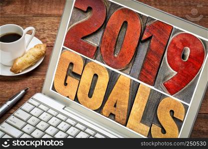 2019 goals banner - New Year resolution concept - text in vintage letterpress wood type printing blocks stained by red ink on a laptop screen with a cup of coffee