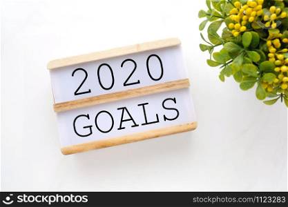 2019 goals on wood box background, new year aim to success in business background, banner