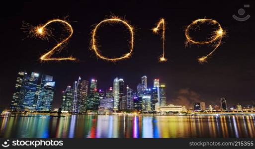 2019 Happy new year firework Sparkle with central business district building of Singapore city at night