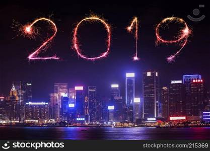 2019 Happy new year firework Sparkle with Hong Kong cityscape at night