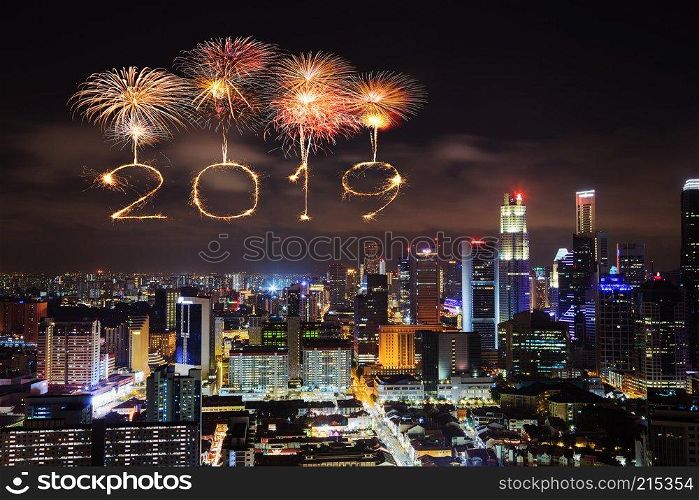 2019 Happy new year firework Sparkle with Singapore cityscape at night