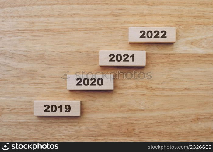 2019 to 2022 happy new year on wood block on wood table background. new year concept