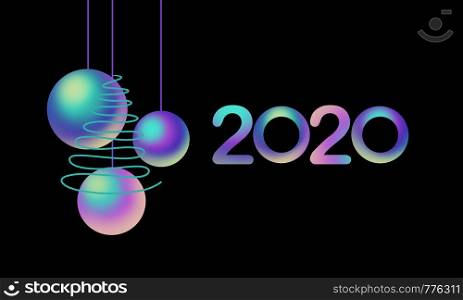 2020 colorful font and nacre balls, green tree on black background. Holiday illustration. Design for invitation, print, card