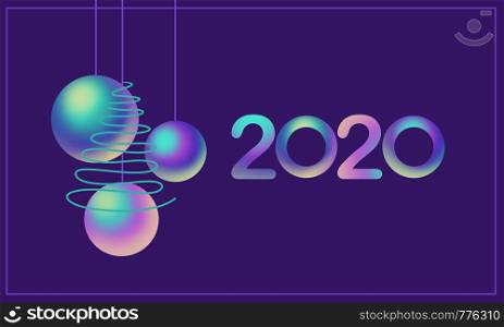 2020 colorful font and nacre balls, green tree on violet background. Holiday illustration. Design for invitation, print, card