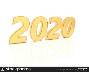 2020 golden numbers on a white background. 3d render illustration.. 2020 golden numbers on a white background.