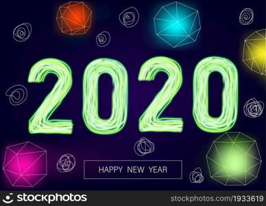 2020 happy New Year background with multicolored glittering flash. Christmas decoration with glowing neon green number. Vector winter holiday greeting card template.