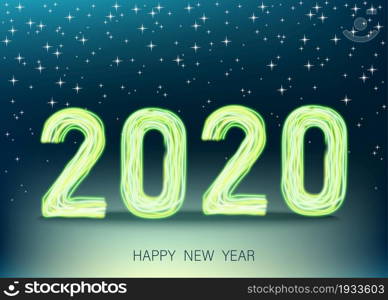 2020 happy New Year black background with golden gift bow and glittering gold spruce branch. Christmas decoration with glowing neon number. Vector winter holiday greeting card template.