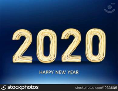 2020 happy New Year black background with golden gift bow and glittering gold spruce branch. Christmas decoration with glowing neon number. Vector winter holiday greeting card template.