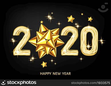 2020 happy New Year black background with golden gift bow and glittering stars. Gold decoration with glowing neon number. Vector winter holiday greeting card template.