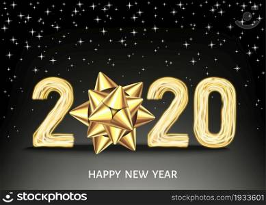 2020 happy New Year black background with golden gift bow and glittering stars. Christmas decoration with glowing neon number. Vector winter holiday greeting card template.