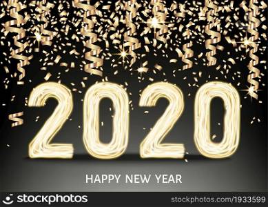 2020 happy New Year black background with golden ribbon and confetti. Christmas decoration with glowing neon gold number. Vector winter holiday greeting card template.
