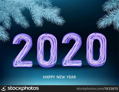 2020 happy New Year blue background with spruce branch. Christmas decoration with glowing neon violet number. Vector winter holiday greeting card template.