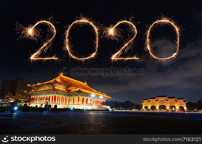 2020 happy new year fireworks celebrating over Chiang Kai-Shek Memorial Hall at night in Taipei, Taiwan