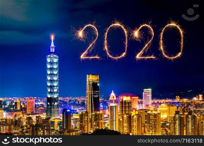 2020 happy new year fireworks celebrating over Taipei cityscape at night, Taiwan