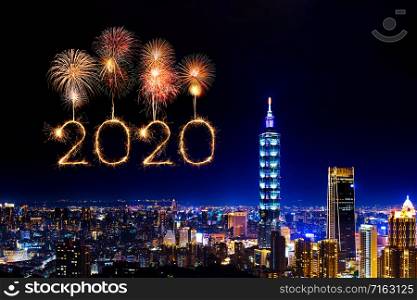 2020 happy new year fireworks celebrating over Taipei cityscape at night, Taiwan