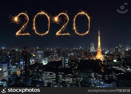 2020 happy new year fireworks celebrating over Tokyo cityscape at night, Japan