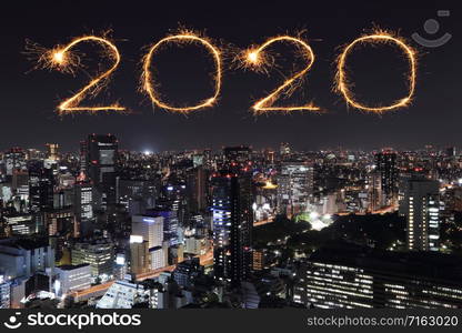 2020 happy new year fireworks celebrating over Tokyo cityscape at night, Japan