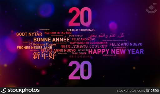 2020 Happy new year greetings card from the world in different langages. Happy new year card from the world