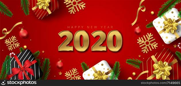 2020 happy new year lettering, Gift boxes, gold snowflakes, baubles, stars and pine leaves around on red background. Can be used as poster,banner or template design.