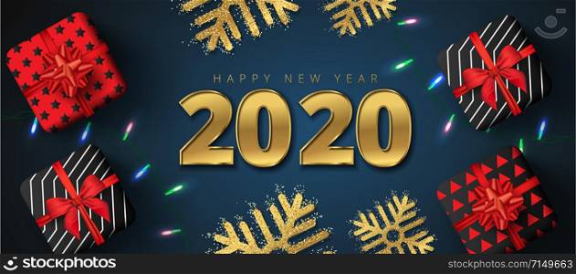 2020 happy new year sale lettering, Gift boxes, gold snowflakes and sparkling light garlands around on dark blue background. Can be used as poster,banner or template design.