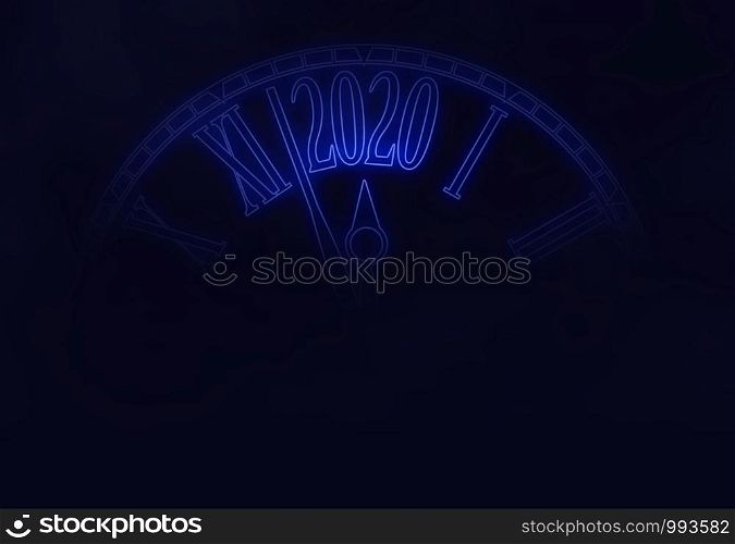 2020 New Year card blue neon futuristic clock abstract background with copy space,illustration