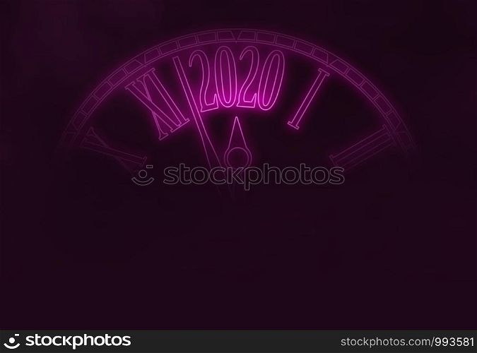 2020 New Year card pink neon futuristic clock abstract background with copy space,illustration