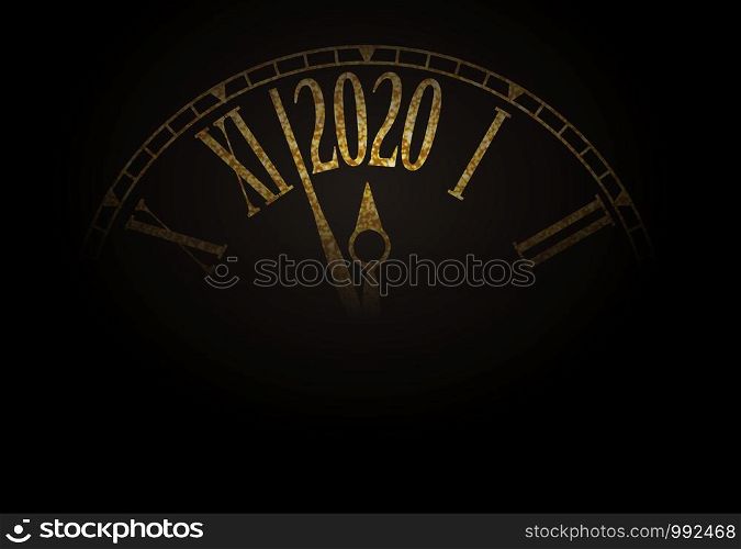 2020 New Year card with classic clock on gold background with copy space,illustration