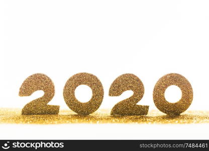 2020 New Year luxury design concept. Golden 2020 New Year horizontal template with golden glitter isolated on white backgound. 2020 New Year luxury design