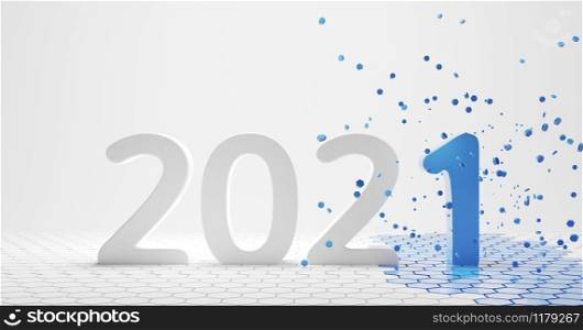 2021 bold letters white blue hexagonal design 3d-illustration