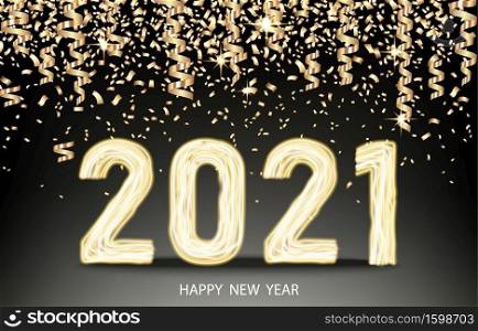 2021 happy New Year black background with golden ribbon and confetti. Christmas decoration with glowing neon gold number. Vector winter holiday greeting card template.