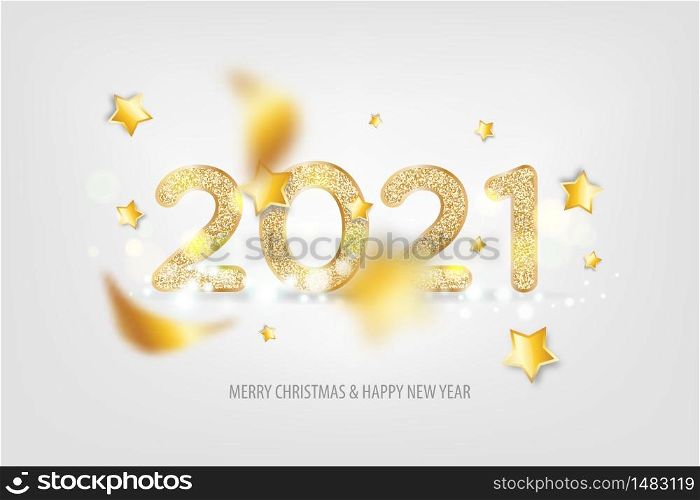 2021 Happy New Year. Tradicional lettering text for Happy New Year or Merry Christmas. Holiday background with golden bokeh number 2021. Light vector Illustration