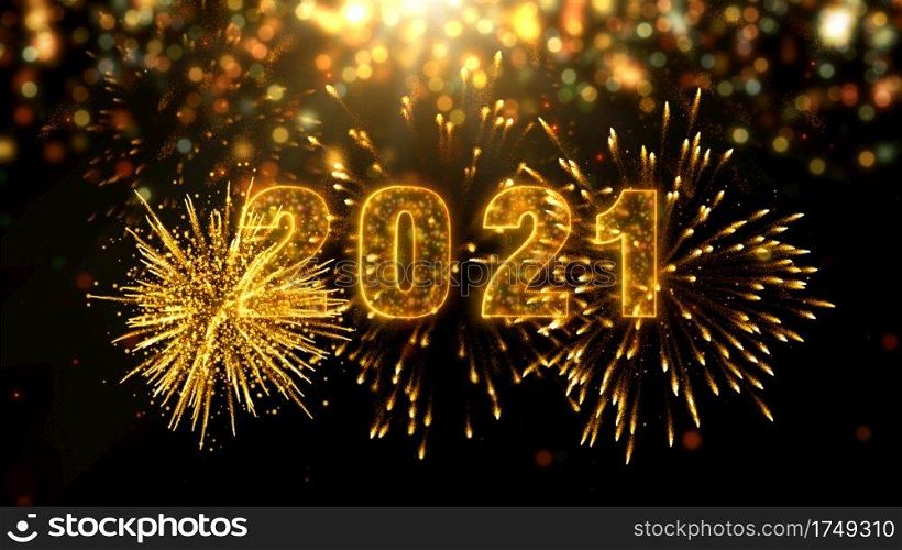 2021 New year celebration with sparkling lettering with fireworks sparks and particles and bokeh background. Merry Christmas and Happy New Year background Concept. 3d Rendering