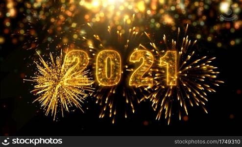 2021 New year celebration with sparkling lettering with fireworks sparks and particles and bokeh background. Merry Christmas and Happy New Year background Concept. 3d Rendering
