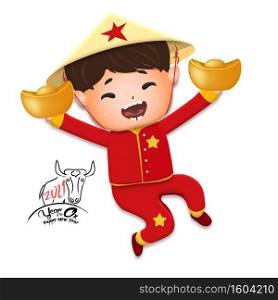 2021 Vietnamese New Year Tet illustration, buffalo, cute kid in traditional red shirt hold gold ingots, yellow hat, Lunar New Year. Hand drawn concept card, poster, banner.
